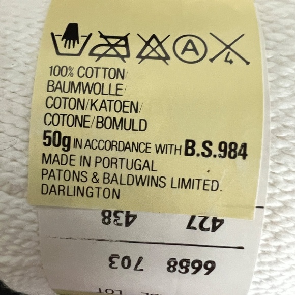 LOT of 3 Patons 100% COTTON Soft 50 g each Same Dye Lot 703 White Made U.K. - Picture 3 of 5